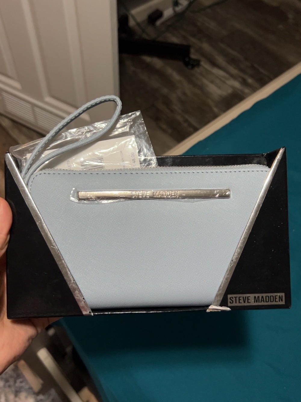 Steve Madden Pale Blue Wristlet Clutch with Silver Trim
